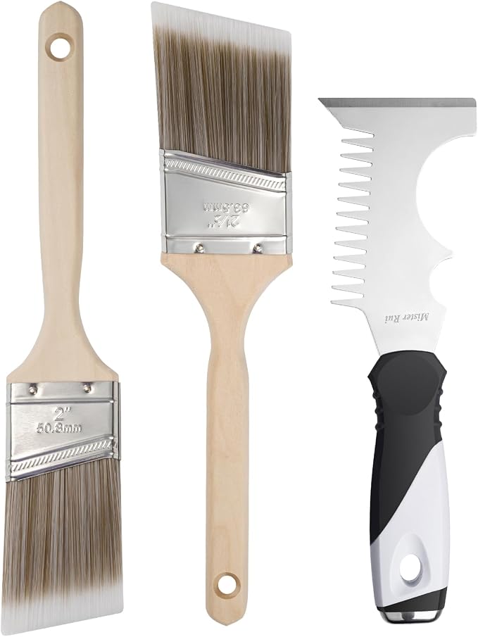 Mister Rui Angled Paint Brushes 3 Pieces Set, with Paint Brush Comb Cleaner | Synthetic Paint Brush Roller Cleaner Tool 2" &2.5'' Long Handle Paint Sash Brush for Commercial Grade Trim, Cabinet