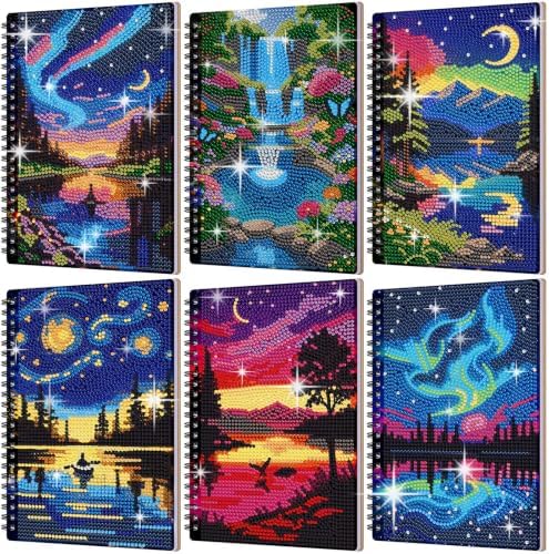 Fullhawl 6 Pack 5D DIY Diamond Art Crafts Kit for Adults Office Supplies Beginner A5 Leather Diamond Painting Gift for Women Art Cover Craft Accessories with Tool (Aurora Painting)