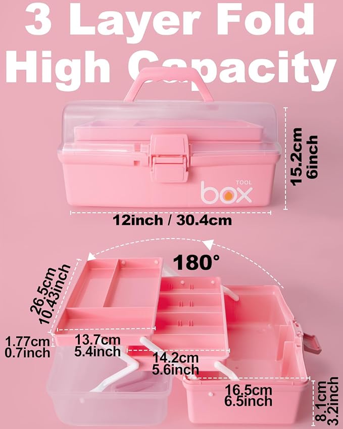 TERGOO 12in 3-Layer Plastic Craft Organizers and Storage, Portable Folding Tackle Box with Handle & Adjustable Dividers, Multipurpose Case for Sewing, Art Supplies, Medicine, Tools (Pink)