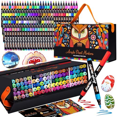 Aen Art 100 Colors Acrylic Paint Marker – Precision Brush Tip Paint Pens Work on Paper, Rock Painting, Stone, Wood, Glass, Ceramic, DIY & Art Supplies – Classroom & Art Supplies Gift