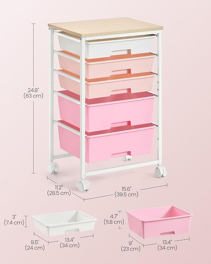 VASAGLE Rolling Cart with Drawers,5 Drawers Storage Cart, Pink