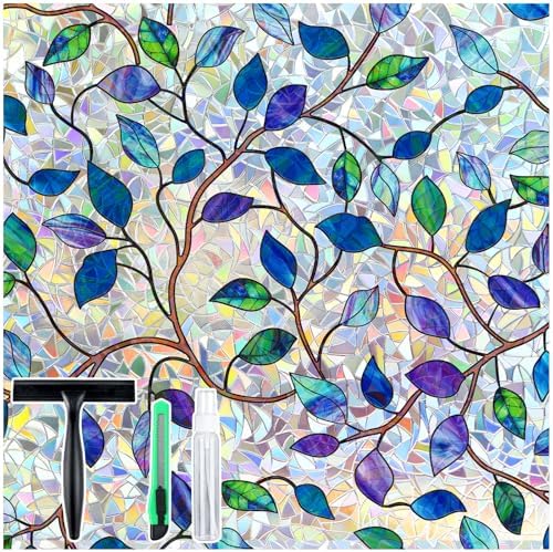rabbitgoo Window Privacy Film Rainbow, Purple Blue Leaf, 23.6" x 118.1"
