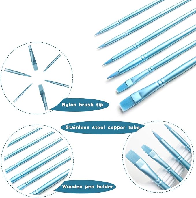 Acrylic Paint Brush Set, 6 pcs Watercolor Brushes, Painting Brush Nylon Hair Brushes for All Purpose Oil Watercolor Painting Beginner Kits (6, Blue)