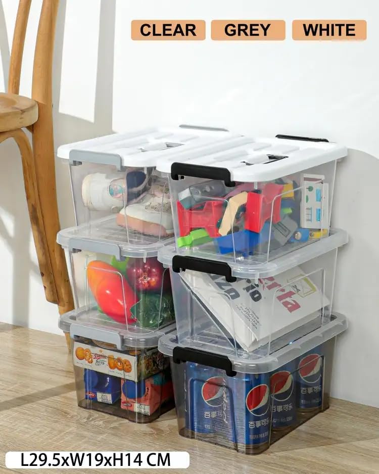 NUMIFUN Plastic Storage Bins With Lids 6 Pack Storage Organizer Bins, 7 Quart Stackable Storage Bins with Lids and Black Handle Buckle Easy for Home Office Organization, White