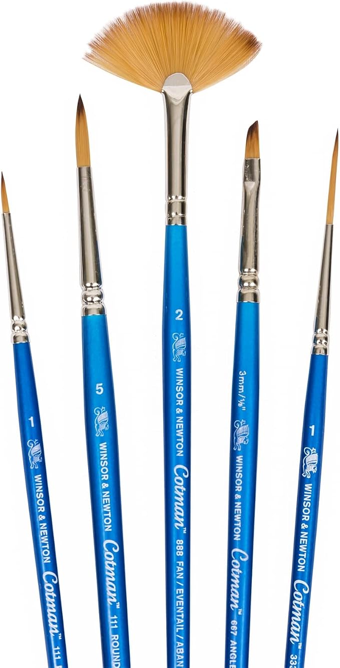 Winsor & Newton Cotman Brush Set, 5-Piece, Round, Rigger, Fan & Angle