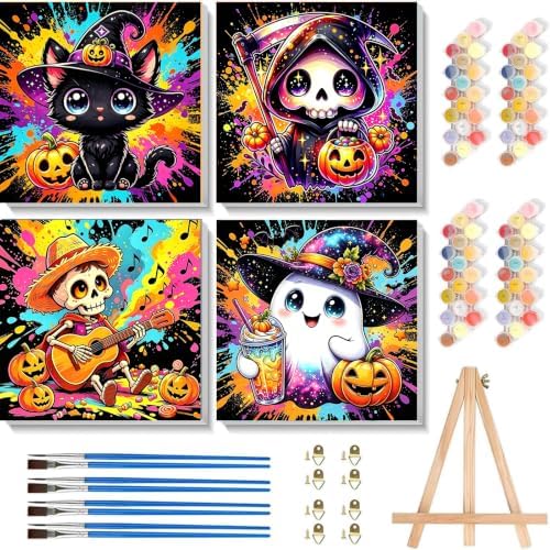Tabszca 4 Pack Halloween Paint by Numbers Kit for Kids with Frame 8x8 Inch