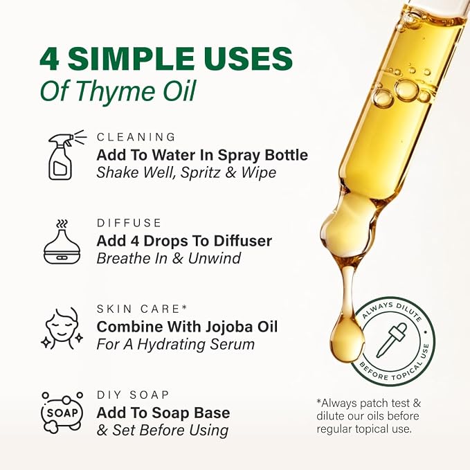 100% Pure Thyme Essential Oil 4 Fl Oz - Thyme Oil for Hair and Skin | French Undiluted Thyme Oil for Diffuser, Aromatherapy, Cleaning, Body Massage, Non-GMO, Herbaceous Aroma, with Dropper