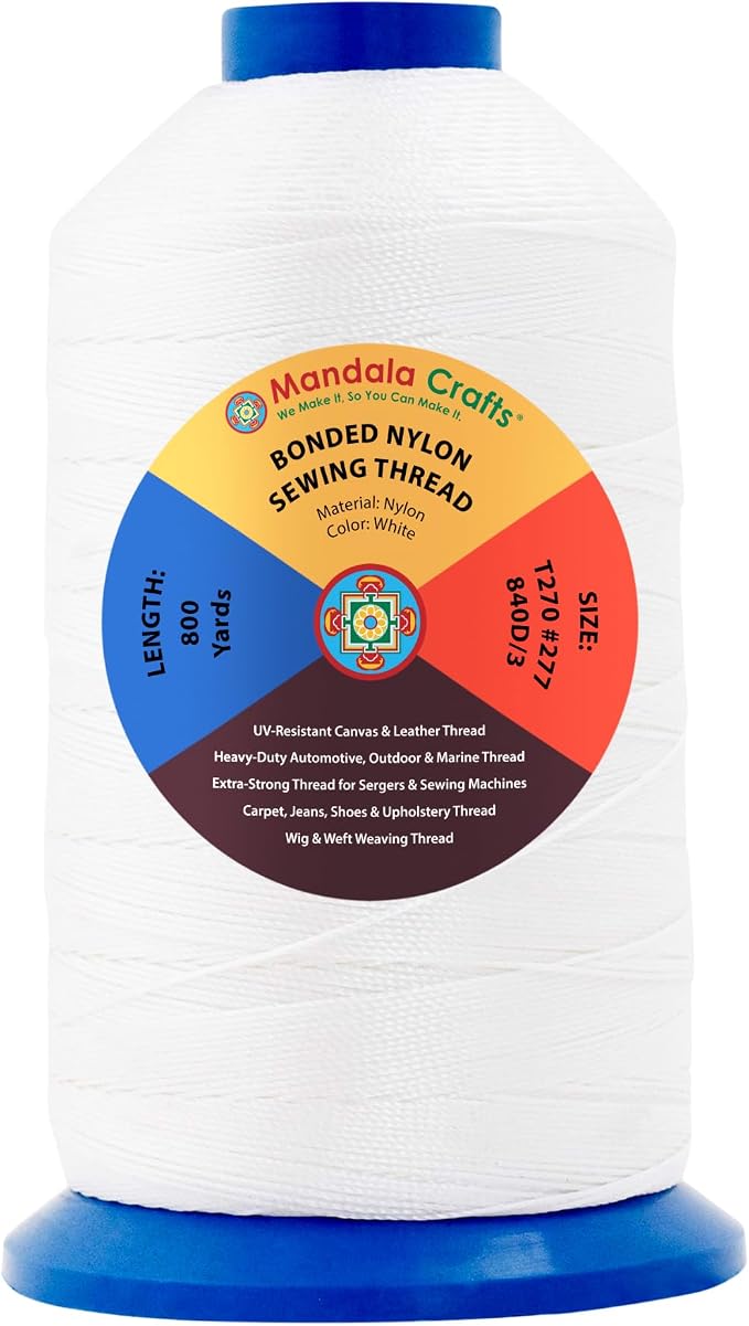 Mandala Crafts Size 277 840D T270 White Bonded Nylon Thread, 800 YDs