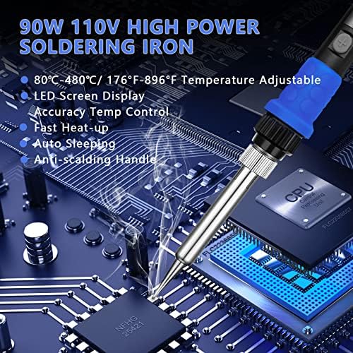 Soldering Iron Kit, 90W LED Digital Solder Iron Kit with Ceramic Heater, 110V Welding Tools with Smart Temperature Control, Auto Sleep, Temp Calibration, C/F, Accurate 176℉-896℉