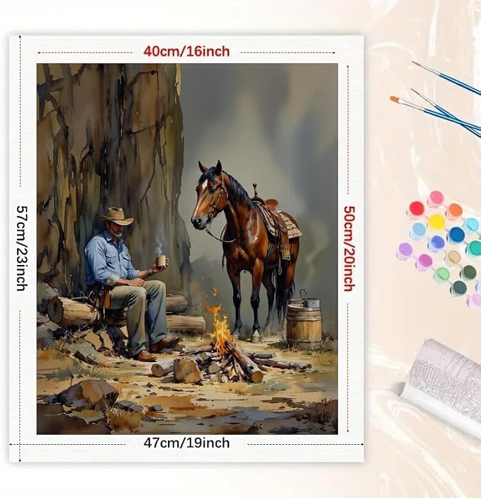 Western Landscape Paint by Numbers Kit for Adults – DIY Cowboy with Horse by Fire Painting on Canvas 16x20In, Acrylic Paint Set, Suitable for Beginners, Ranch Art for Home Decoration or Gifts