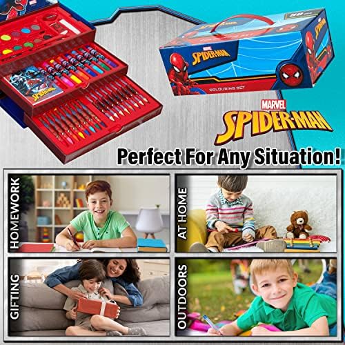 Marvel Art Case for Kids with Colored Pencils Markers Crayons Watercolors Drawing Supplies Travel Art Kit Gifts for Kids (Multicolor Spiderman)