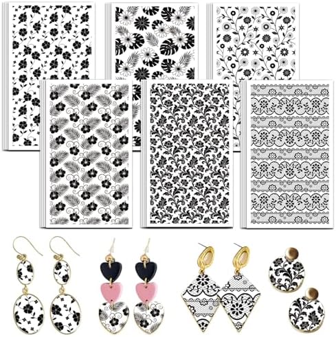 OLYCRAFT 24Pcs Black Flowers Clay Transfer Paper 6 Design White Watercolor Floral Transfers Paper for Polymer Lace Polymer Clay Transfer Sheets Small Ceramic Decal for Clays Earrings Jewelry Making
