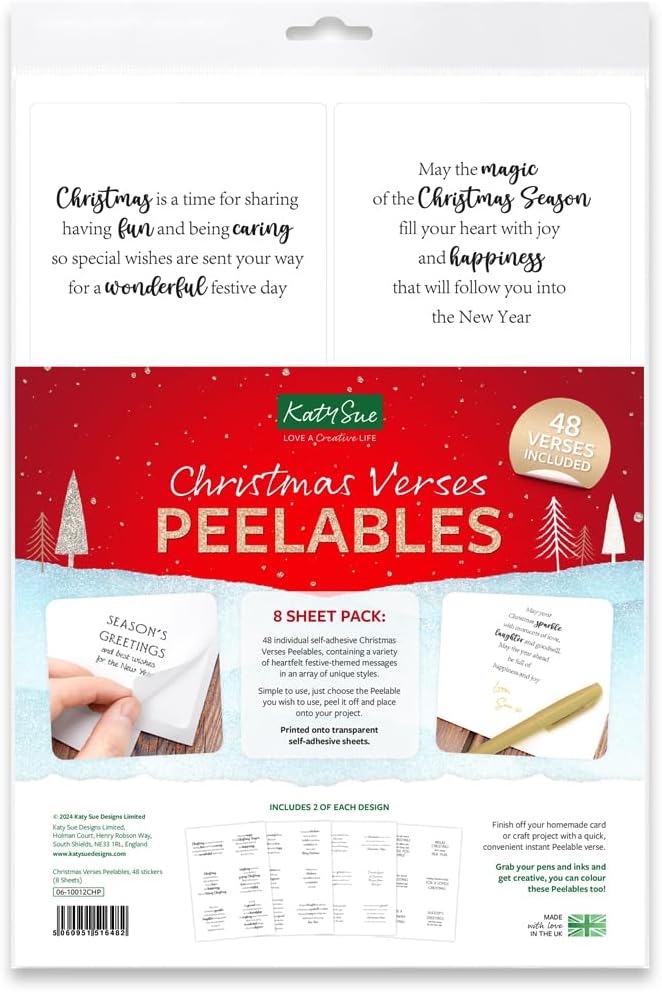 Katy Sue Christmas Verses Peelables Stickers for Christmas Card Making. 48 Peelable Verses & Sentiments/Peel Offs from Katy Sue Designs Card Making Supplies. Each Peel-Off Sticker is 4 x 3.5 inch