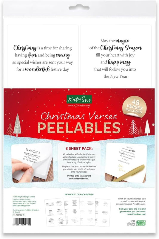 Katy Sue Christmas Verses Peelables Stickers for Christmas Card Making. 48 Peelable Verses & Sentiments/Peel Offs from Katy Sue Designs Card Making Supplies. Each Peel-Off Sticker is 4 x 3.5 inch