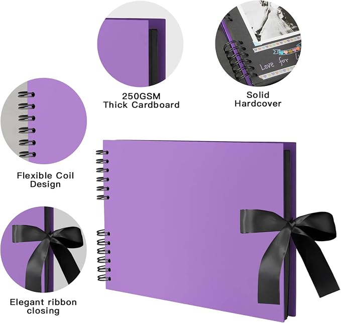 EVNEED Scrapbook Photo Album DIY Scrap Book Black Pages for Wedding Guest Book Anniversary Valentines Day Gifts with 15 Marker Paint Pens,80 Pages,Purple (40 Sheets)