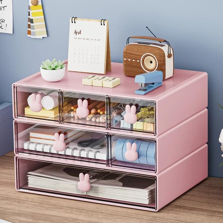 Marbrasse Desk Organizer with 6 Drawers, 3 Tier Stackable Storage Drawers Plastic Makeup Storage, Office Organizers and Storage, Desk Storage Box for Office, School, Home Pink