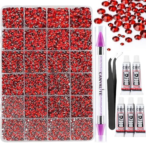 Canvalite 25000PCS Resin Jelly Rhinestones for Crafting,Red Flatback Gems, Bedazzling Crystal with 5Pcs 2.5g B7000 Jewelry Glue and Tweezers and Dotting Pen for DIY Crafts Clothing Shoes Nail Art