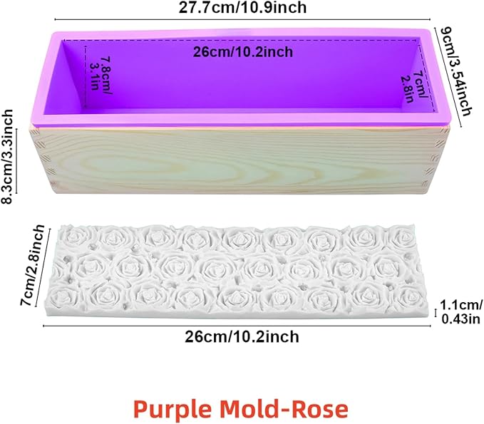 Loaf Soap Making Kit, 44oz Silicone Soap Making Liner Wood Box with Beehive & Hexagon & Rose Mat Creative Honeycomb Mat Mold for DIY Soap Making (Purple & Pink) (Purple Mold-Rose)