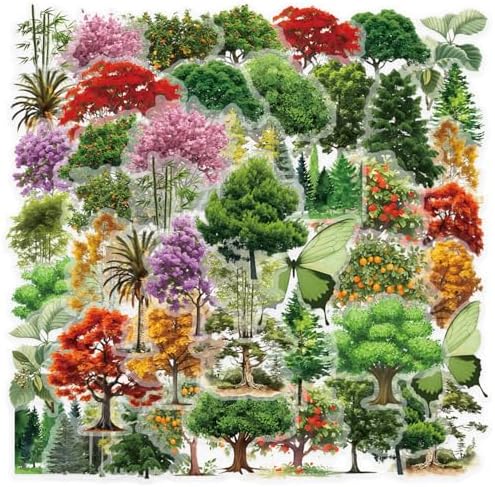 50PCS Tree Forest Stickers PET Transparent Stickers Colorful Nature Decals Waterproof Decorative Decals for Scrapbook DIY Crafts Album Bullet Journal Planner Water Bottles Phone Cases Laptops (Trees)