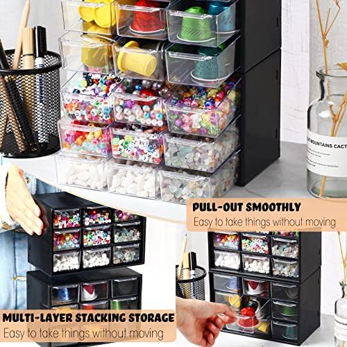 Marsui 4 Pack Desktop Storage Organizer with 9 Drawers Craft Organizer with Mini Drawers Plastic Organizers and Storage Containers for Craft Art Jewelry Cosmetics Sewing Supplies Accessory(Black)