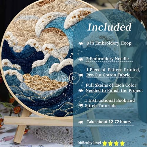 FONNUY Embroidery Kit for Beginners, Stormy Sea Wave Flowers Pre-Stamped Pattern Kits for Adults with Hoop, Easy to Follow Color Thread Needlework, 8'' Hoop (Brown)