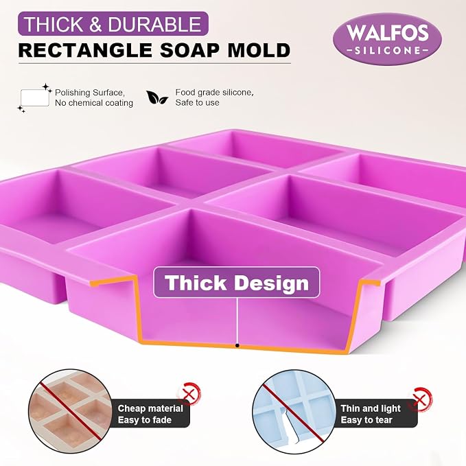 Walfos Silicone Soap Molds Set of 3, 6 Cavities Rectangle Silicone Soap Molds for Homemade Craft Soap Mold, Cake,Chocolate ＆ Ice Cube Tray（Blue & Purple ＆ Pink）