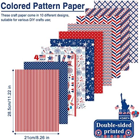 Morcheiong 30 Sheets 4th of July Pattern Paper Set A4 Size Decorative Paper Double-Sided Craft Origami Paper for Independence Day Scrapbooking Card Making Crafting, 10 Designs