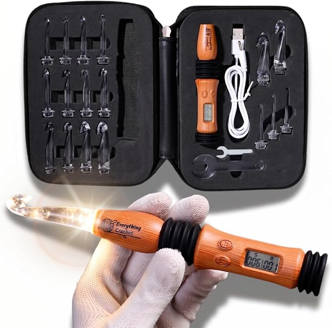 Everything Crochet Vintage Counting Crochet Hook Set with Light & Counter - Ergonomic for Arthritic Hands - Light up, Digital Stitch & Row Counter - 17 Size Interchangeable Hooks Kit - Cool Gift