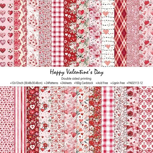 Red Valentine Scrapbook Paper Pad, 24 Sheets Heart Pattern Aesthetics Double Sided Print Floral DIY Crafts Collage Decoration for Photo Album Journals Card Folded Gift Wrapping Supplies