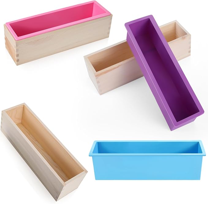Ziliny 3 Pcs 42oz Soap Loaf Mold Flexible Silicone Mold, Purple, Pink, Blue | Rectangular, Wood Box Tray, Making Supplies for Homemade Craft DIY Tool