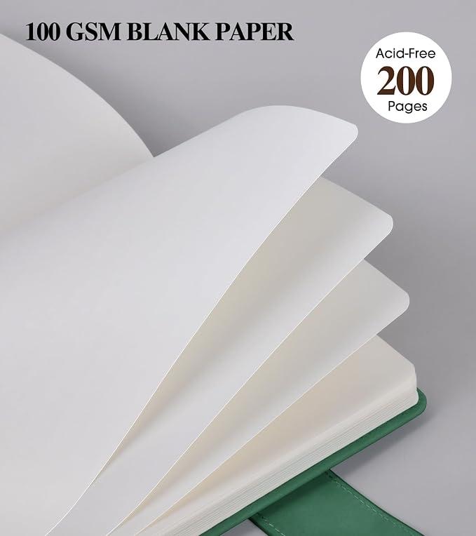 PAIBAS Blank Journal Notebook, A5 Hardcover Leather Sketchbook with 200 Pages Thick Blank Paper for Men Women, Unlined Drawing & Writing Journal, 5.9" x 8.4" Plain Notebook (green)