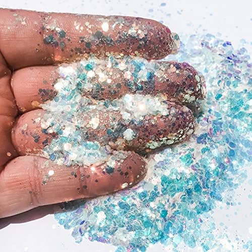 HEMOER White Opal Glitter 100g/3.5oz, Cosmetic Mixed Hexagon Chunky & Fine Craft Glitter Resin Sequins for Epoxy Glass, Resin Art, Body, Hair, Face, Nail, Tumbler, Festival Party