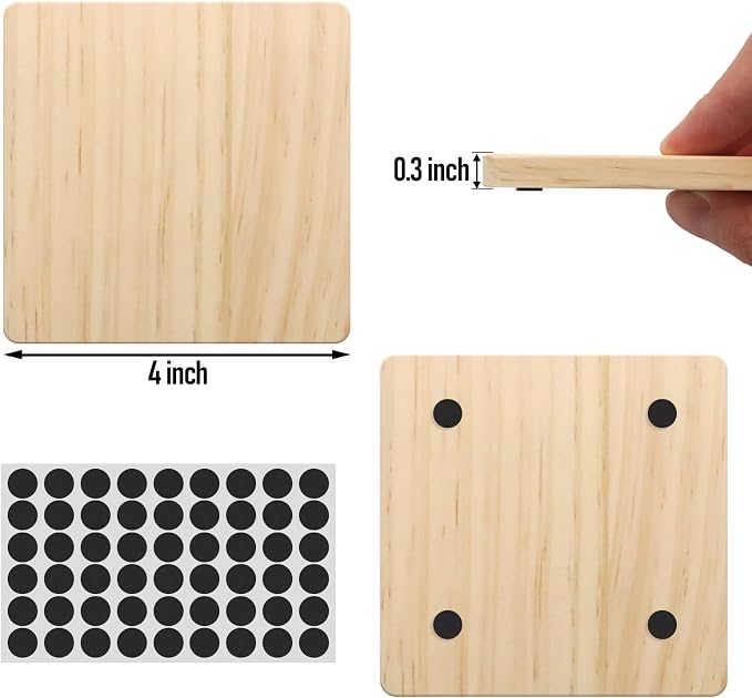 24 Pack 4 Inch Unfinished Square Wood Coasters with Non Slip Pad