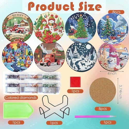 ijbnhd 8 PCS Christmas Diamond Art Coasters Kit Diamond Painting Coasters