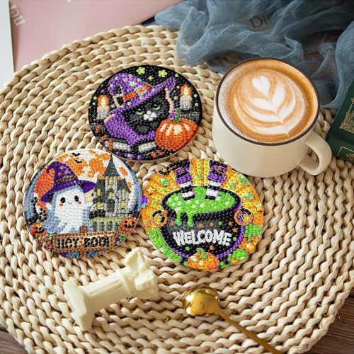 8 Pcs Diamond Art Coasters Kits for Adults,Halloween Diamond Painting Coaster Kits with Holder,Gem Art Paintings Crafts Supplies for Home Decor