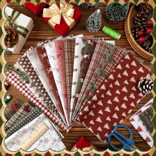 HunnmingRe 20 Pcs 10''x10'' Christmas Woodland Quilting Fabric Square Vintage Plaid Precut Quilted Fabric Bundle Reindeer Poinsettia Patchwork Supplies for Winter Handmade DIY Craft Sewing Material