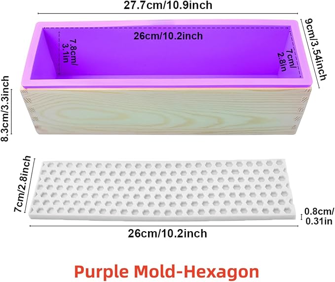 Loaf Soap Making Kit, 44oz Silicone Soap Making Liner Wood Box with Beehive & Hexagon & Rose Mat Creative Honeycomb Mat Mold for DIY Soap Making (Purple & Pink) (Purple Mold-Hexagon)