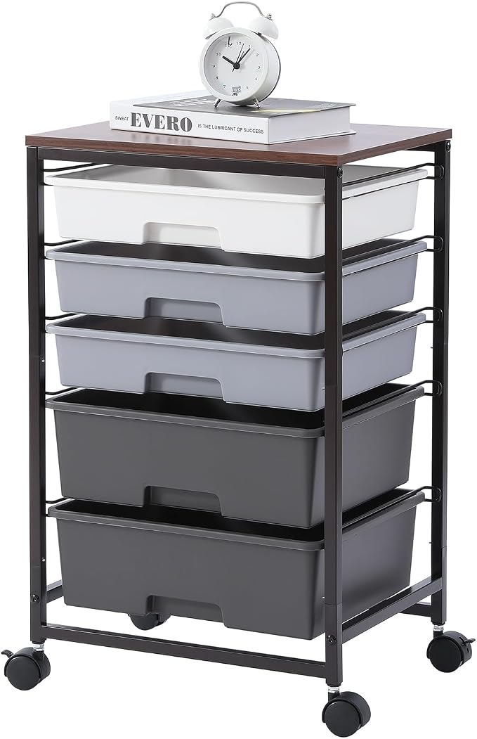 SYKIARIOL Utility Cart with Drawers,5 Drawers Storage Cart,Dark Grey | 5-Tiers Storage Cart with Drawers with Lockable Wheels for Craft Organizers and Storage,Home Office,Classroom,Dorm,Playroom