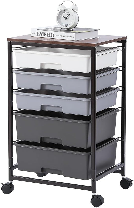 SYKIARIOL Utility Cart with Drawers,5 Drawers Storage Cart,Dark Grey | 5-Tiers Storage Cart with Drawers with Lockable Wheels for Craft Organizers and Storage,Home Office,Classroom,Dorm,Playroom