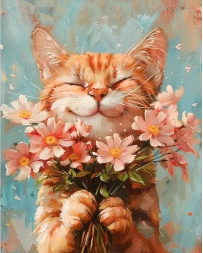 DIY Cat and Flower Paint by Numbers Kits for Adults, Painting by Numbers for Adult & Beginner on Canvas, Animal Oil Painting Kits Perfect for Home Decoration 16x20 Inch