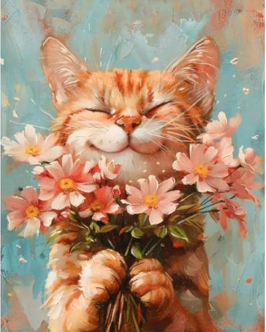 DIY Cat and Flower Paint by Numbers Kits for Adults, Painting by Numbers for Adult & Beginner on Canvas, Animal Oil Painting Kits Perfect for Home Decoration 16x20 Inch