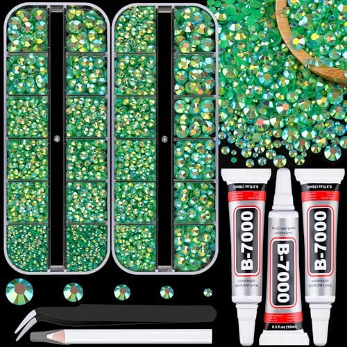 Resin Jelly Rhinestones for Crafting with B7000 Jewelry Glue, 2 Boxes Dark Green AB Flatback Crystals with 3Pcs 10ml Glue, Bedazzling Non Hotfix Gems for DIY Tumblers Clothing Shoes Manicure