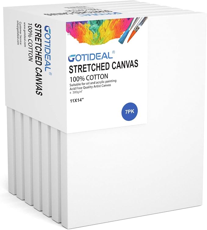 GOTIDEAL Stretched Canvas, 11x14 Inch Set of 7, Primed White | 100% Cotton Artist Canvas Boards for Painting, Acrylic Pouring, Oil Paint Dry & Wet Art Media