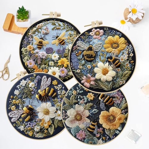 LB 4 Pack Yellow Bee Floral Embroidery Kit for Beginners Green Plant Beginner Embroidery Kit for Adults DIY Starter Kit with Embroidery Hoop Colorful Threads Tools Step by Step Instructions
