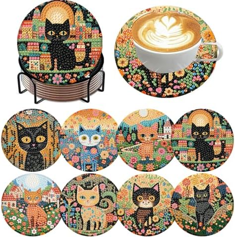 ijbnhd 8 PCS Diamond Art Coasters Kit Cat Diamond Painting Coasters