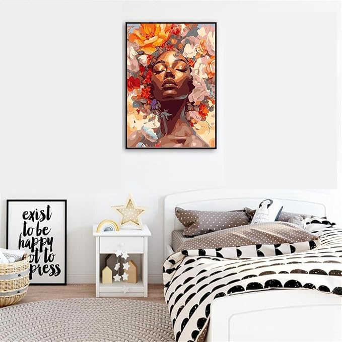 Clendo DIY African Woman Paint by Numbers for Adults Canvas, Flowers and Girl Paint by Number Kits on Canvas - Oil Painting Kits Arts and Crafts for Home Decor 16x20 inch(Without Frame)