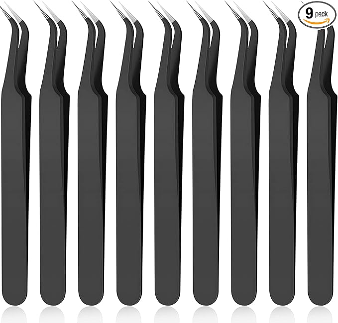 Honoson 9 Pcs Curved Pointed Craft Tweezers Precision Tweezer,Black