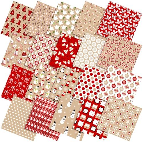 HunnmingRe 20 Pcs 10''x10'' Christmas Hot Cocoa Quilting Fabric Square Santa Snowflake Precut Quilted Fabric Bundle Candy Cane Snowman Printed Sewing Material for Winter Patchwork DIY Craft Supplies