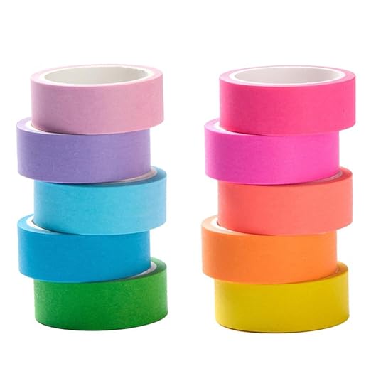Washi Tape Set 10 Rolls - Colored Decorative Tape | for Bullet Journal, Planner, DIY Arts Crafts, Scrapbooking, Holiday Decoration
