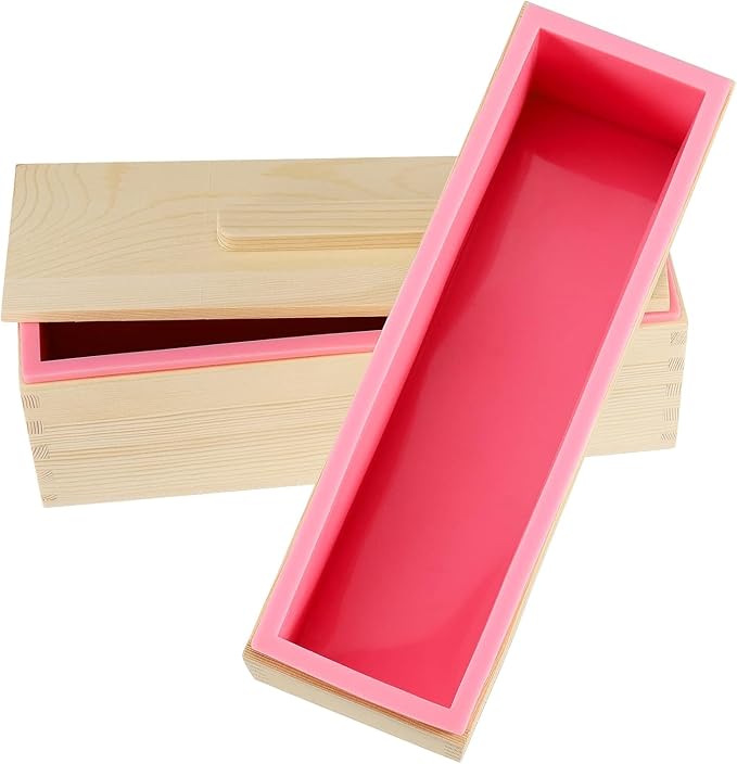 3PCS 47oz Silicone Soap Kit, Pink Rectangular Silicone Loaf Soap Making with 3 Wooden Boxes and 3 Lids, DIY Supplies for Soap Making